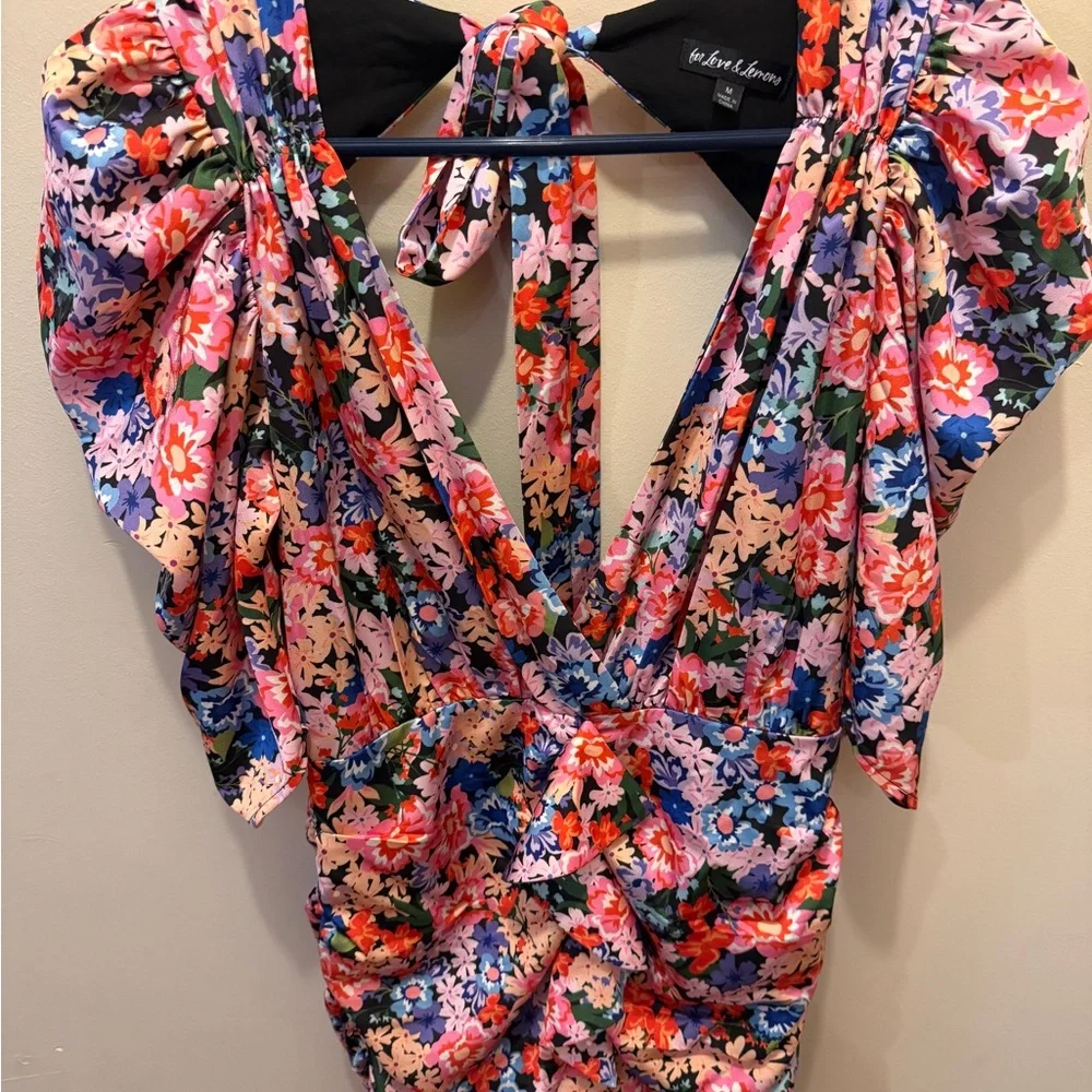 For Love & Lemons Bouquet Floral Puff-Sleeve Ruched Mini Dress - Picture 4 of 7